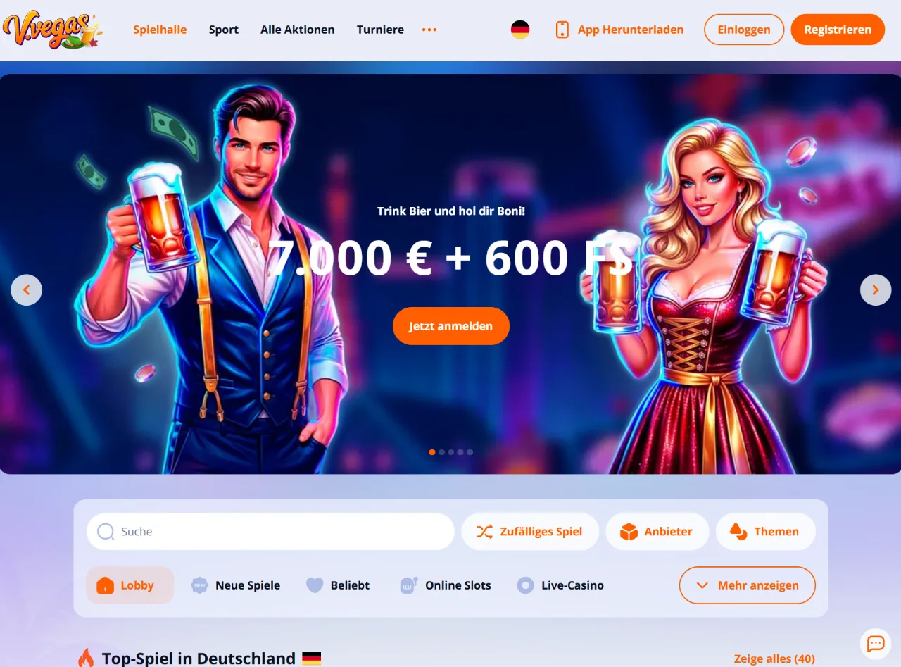 V.Vegas Startseite mit Willkommensangebot